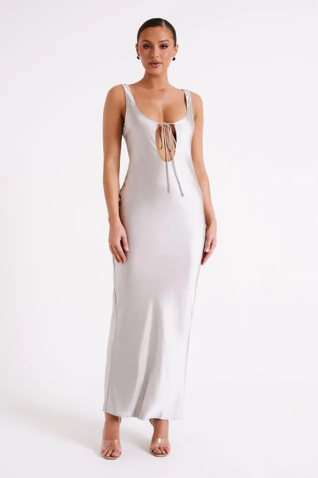Women Meshki Dresses Aubrie Keyhole Satin Maxi Dress 8211 Silver