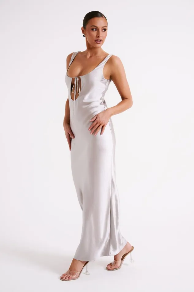 Women Meshki Dresses Aubrie Keyhole Satin Maxi Dress 8211 Silver