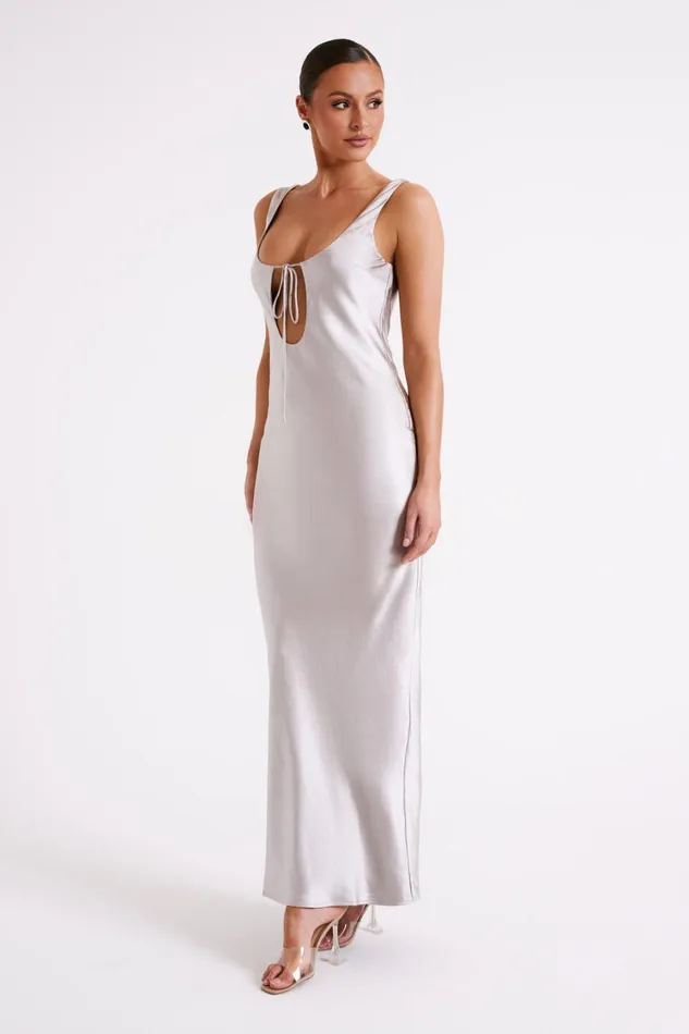 Women Meshki Dresses Aubrie Keyhole Satin Maxi Dress 8211 Silver