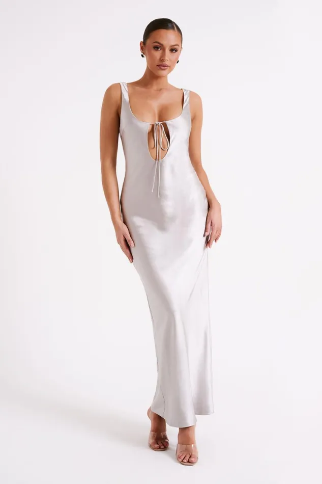 Women Meshki Dresses Aubrie Keyhole Satin Maxi Dress 8211 Silver