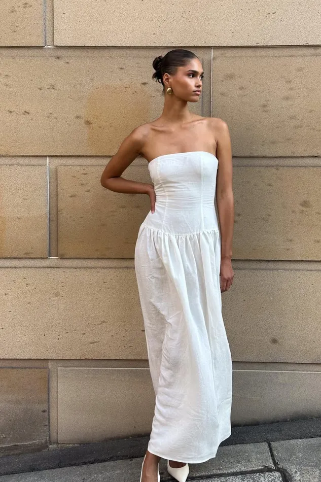 Women Meshki Dresses Audrina Strapless Linen Maxi Dress 8211 White
