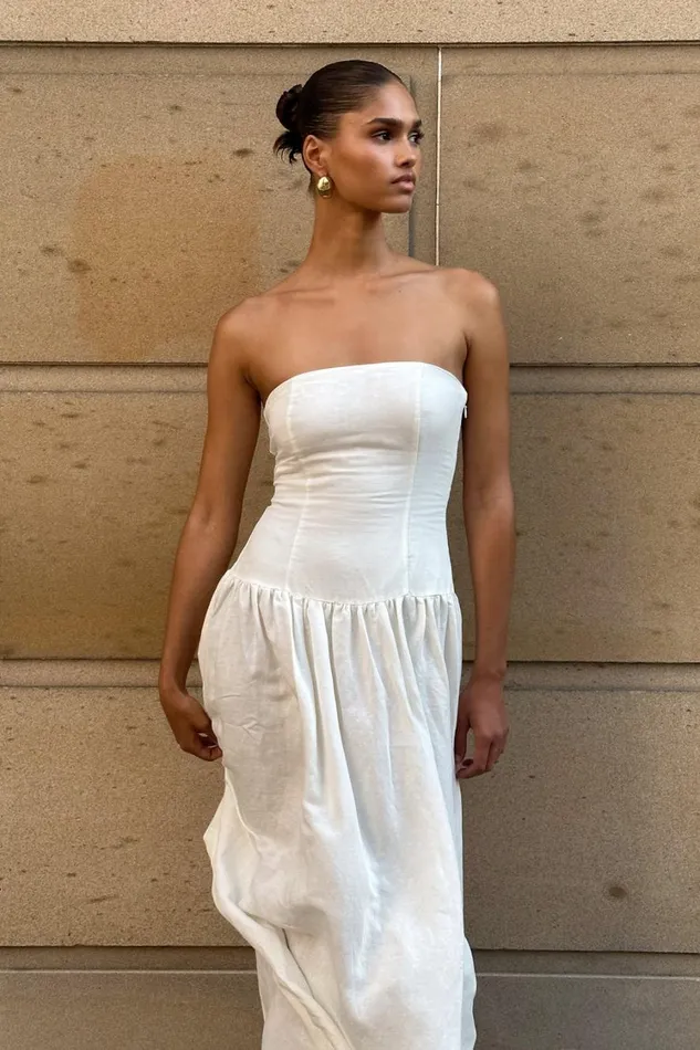 Women Meshki Dresses Audrina Strapless Linen Maxi Dress 8211 White