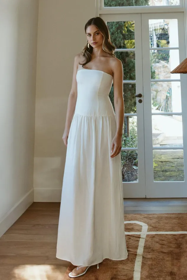 Women Meshki Dresses Audrina Strapless Linen Maxi Dress 8211 White
