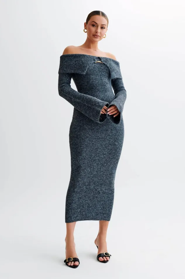 Women Meshki Dresses Baxter Off Shoulder Fluffy Knit Midi Dress 8211 Charcoal