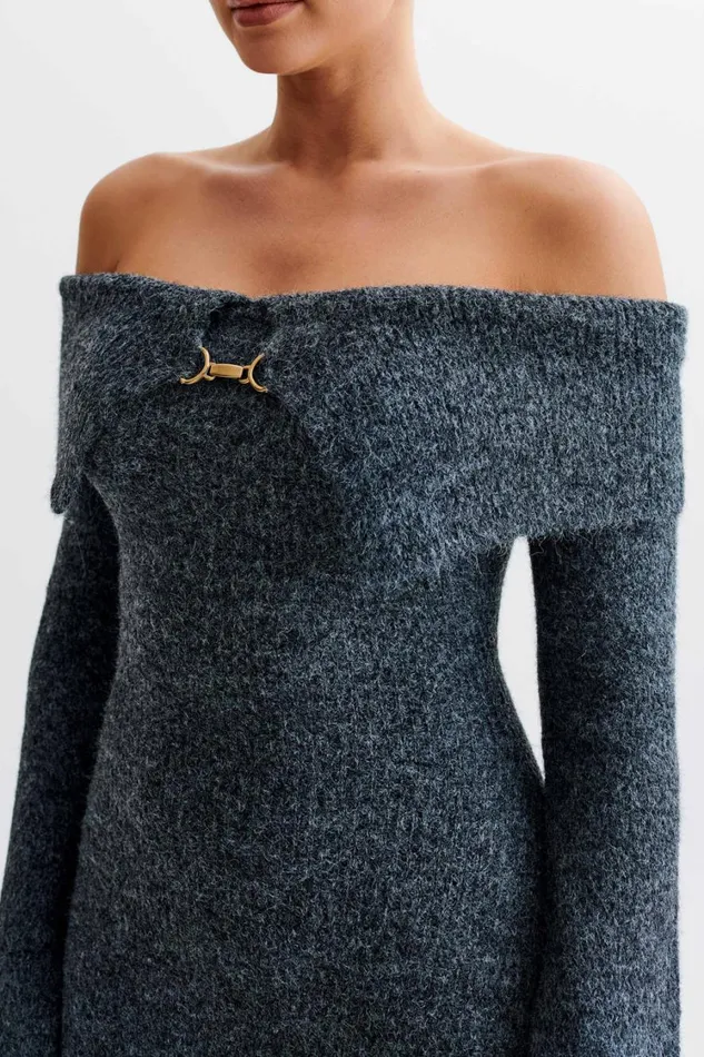 Women Meshki Dresses Baxter Off Shoulder Fluffy Knit Midi Dress 8211 Charcoal