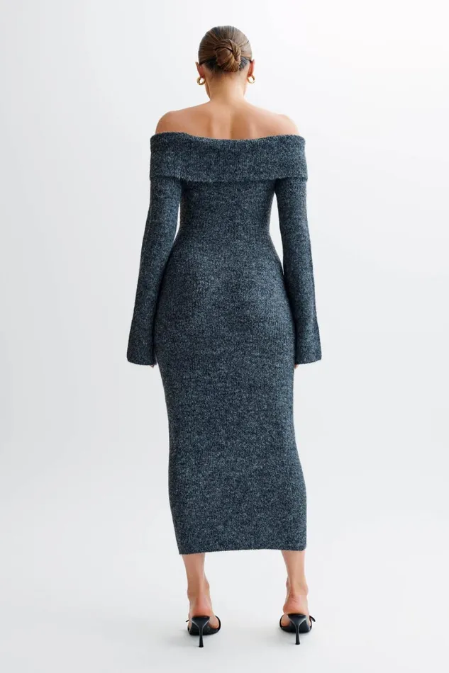 Women Meshki Dresses Baxter Off Shoulder Fluffy Knit Midi Dress 8211 Charcoal