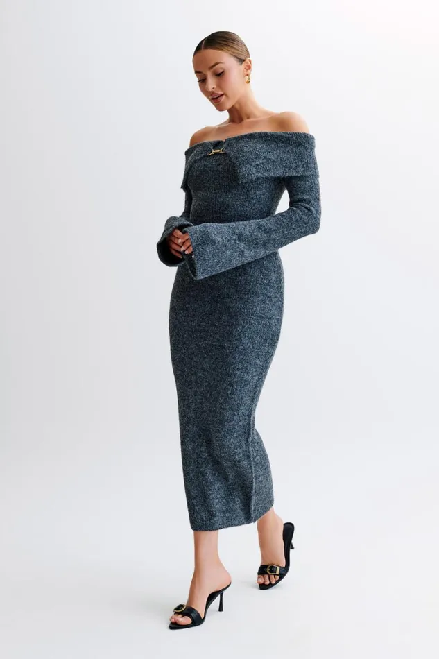 Women Meshki Dresses Baxter Off Shoulder Fluffy Knit Midi Dress 8211 Charcoal