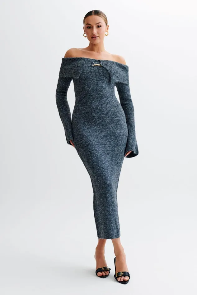 Women Meshki Dresses Baxter Off Shoulder Fluffy Knit Midi Dress 8211 Charcoal