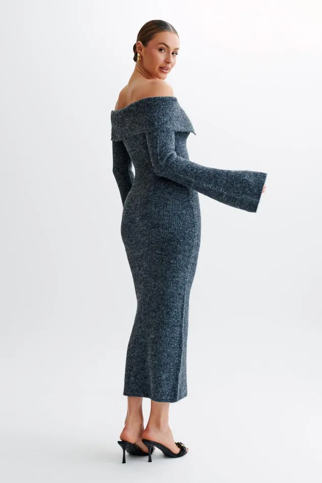 Women Meshki Dresses Baxter Off Shoulder Fluffy Knit Midi Dress 8211 Charcoal