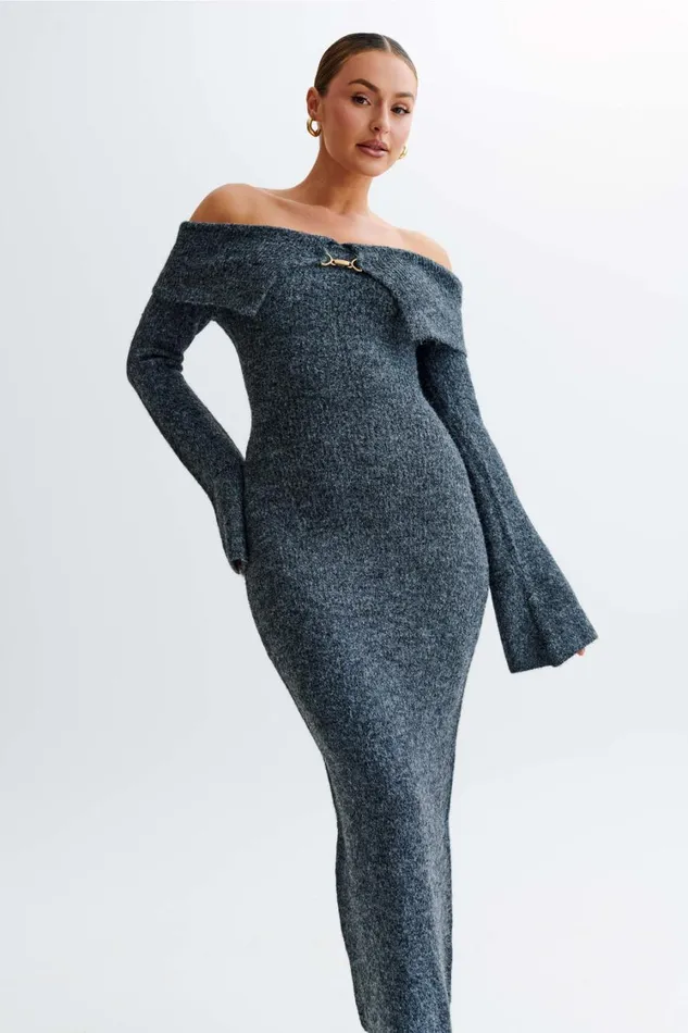 Women Meshki Dresses Baxter Off Shoulder Fluffy Knit Midi Dress 8211 Charcoal