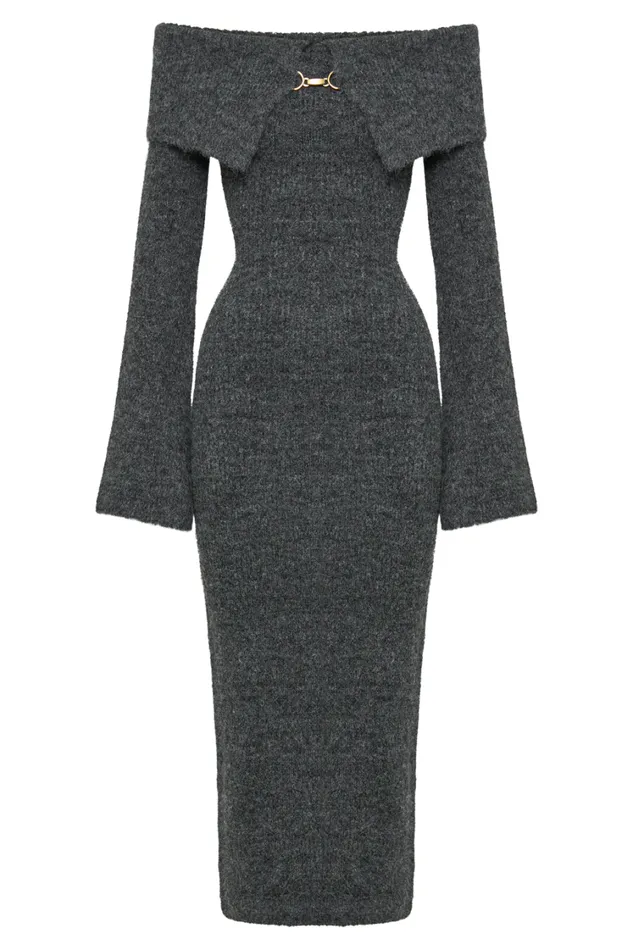 Women Meshki Dresses Baxter Off Shoulder Fluffy Knit Midi Dress 8211 Charcoal