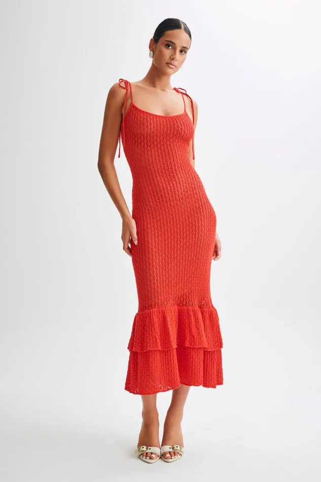 Women Meshki Dresses Bianca Knit Midi Dress 8211 Pomegranate