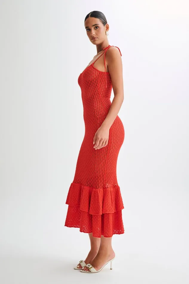 Women Meshki Dresses Bianca Knit Midi Dress 8211 Pomegranate