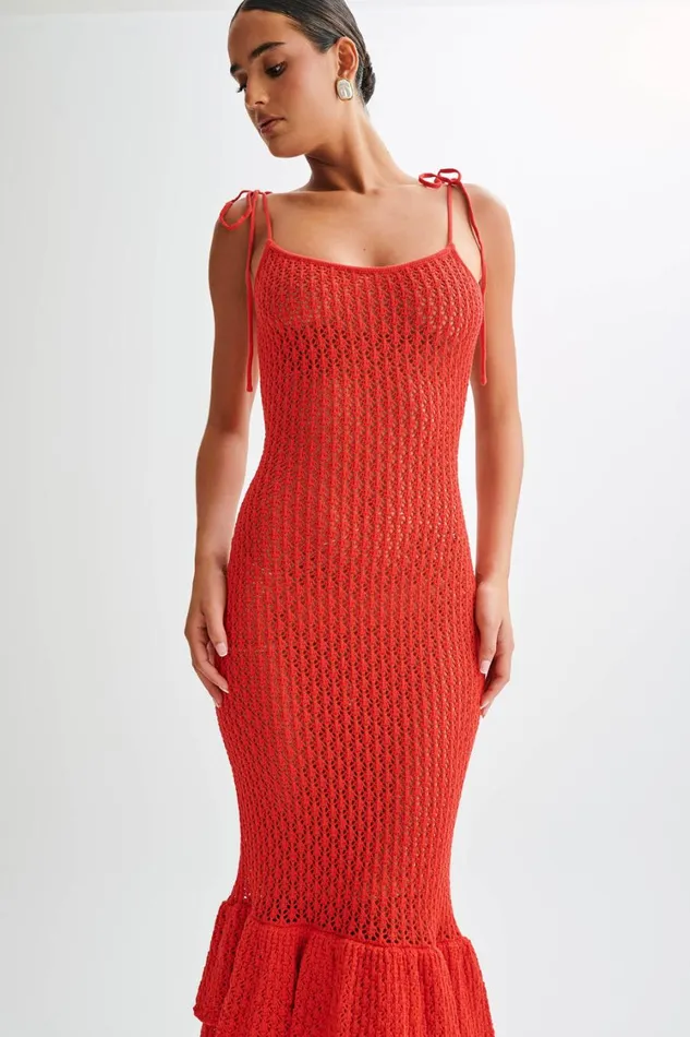 Women Meshki Dresses Bianca Knit Midi Dress 8211 Pomegranate