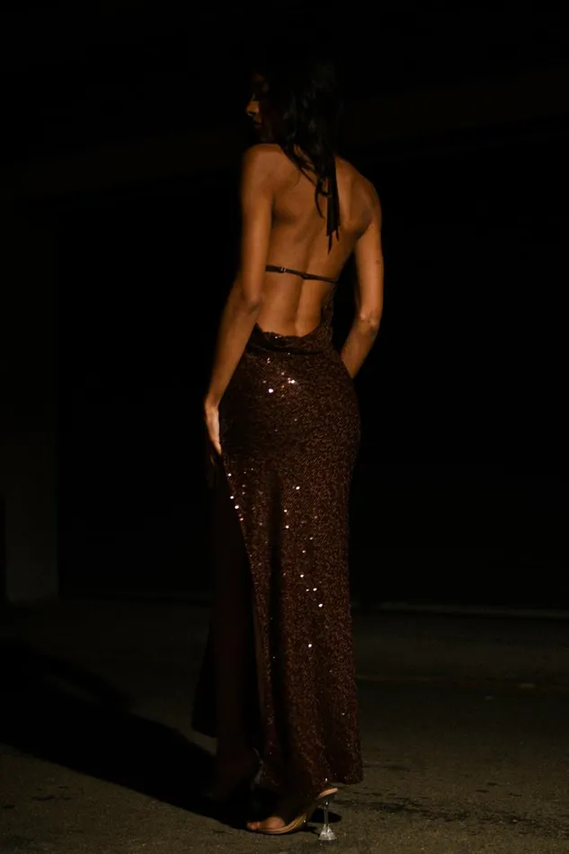 Women Meshki Dresses Blakely Halter Sequin Maxi Dress 8211 Dark Chocolate