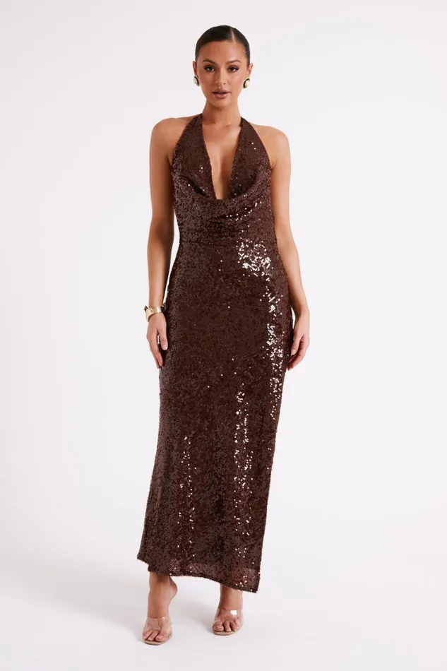 Women Meshki Dresses Blakely Halter Sequin Maxi Dress 8211 Dark Chocolate