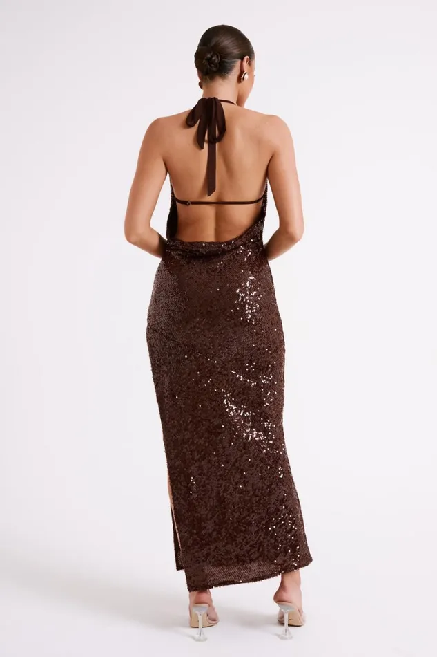 Women Meshki Dresses Blakely Halter Sequin Maxi Dress 8211 Dark Chocolate