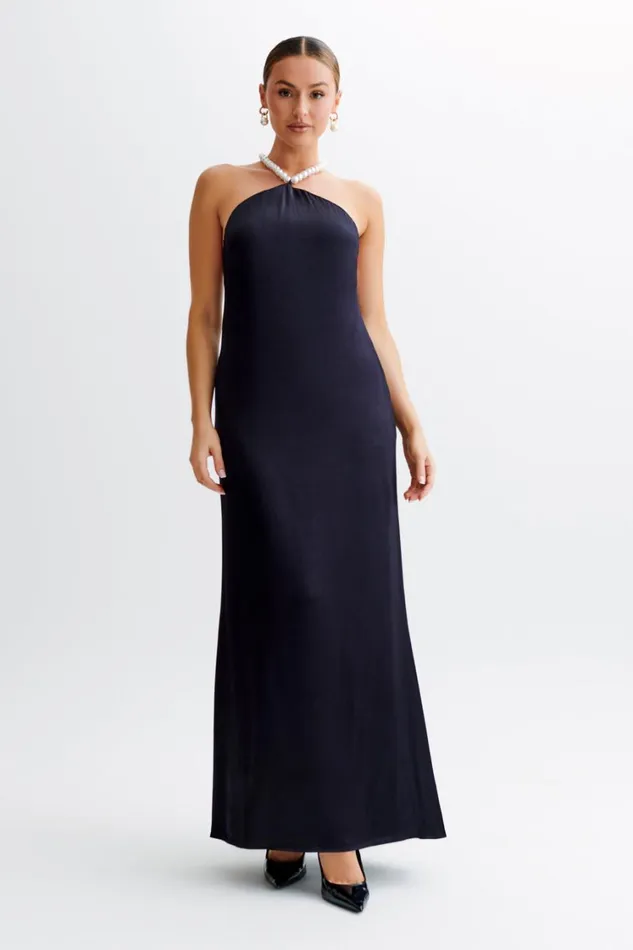 Women Meshki Dresses Blanche Satin Pearl Halter Maxi Dress 8211 Black