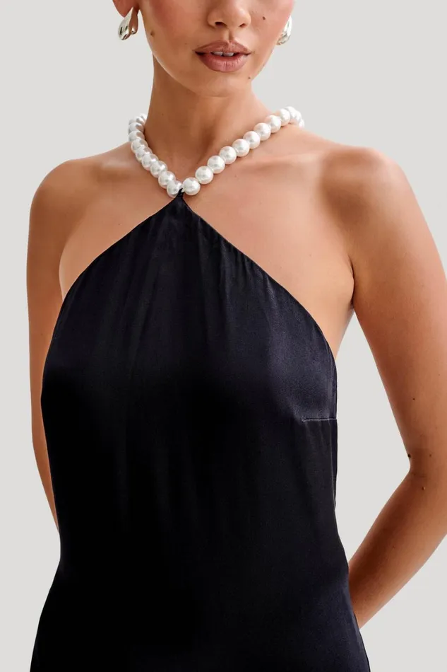 Women Meshki Dresses Blanche Satin Pearl Halter Maxi Dress 8211 Black