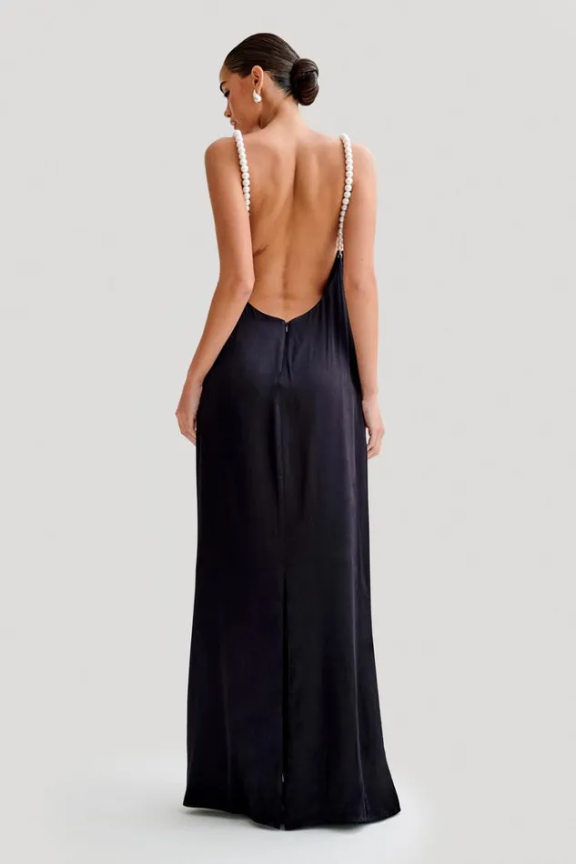 Women Meshki Dresses Blanche Satin Pearl Halter Maxi Dress 8211 Black
