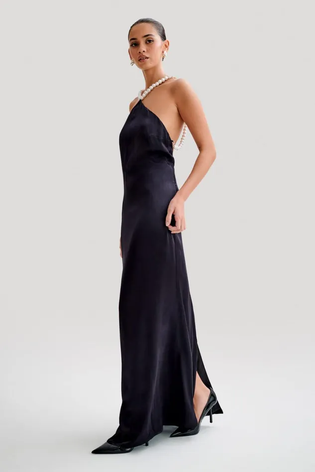Women Meshki Dresses Blanche Satin Pearl Halter Maxi Dress 8211 Black