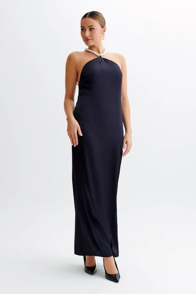 Women Meshki Dresses Blanche Satin Pearl Halter Maxi Dress 8211 Black