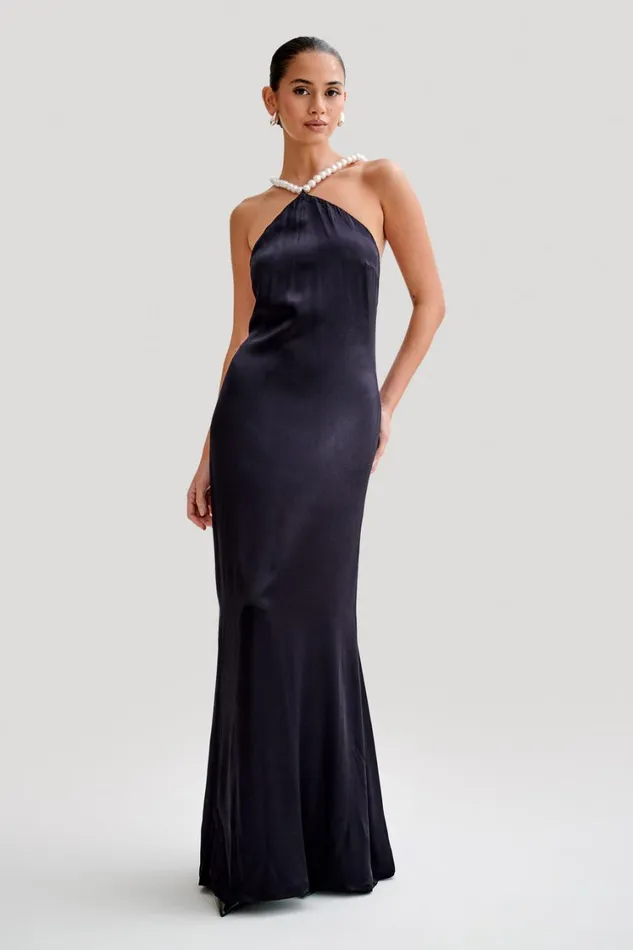 Women Meshki Dresses Blanche Satin Pearl Halter Maxi Dress 8211 Black