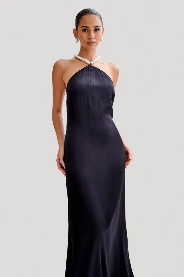 Women Meshki Dresses Blanche Satin Pearl Halter Maxi Dress 8211 Black