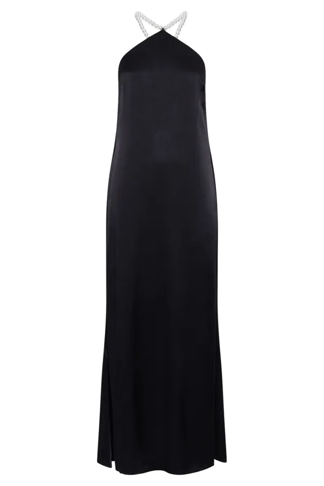 Women Meshki Dresses Blanche Satin Pearl Halter Maxi Dress 8211 Black
