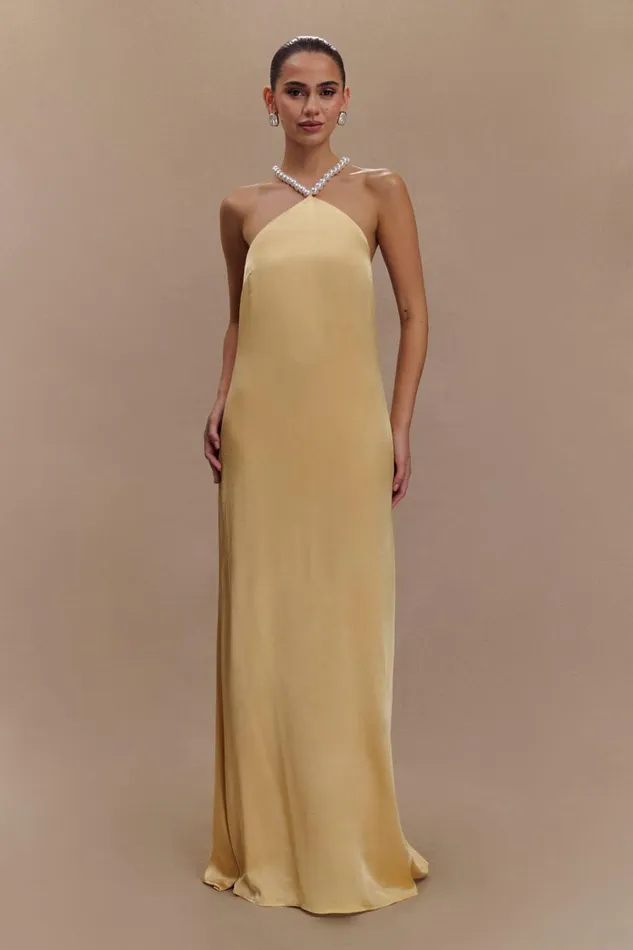 Women Meshki Dresses Blanche Satin Pearl Halter Maxi Dress 8211 Peach