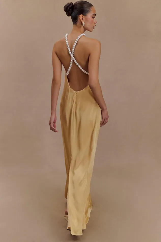 Women Meshki Dresses Blanche Satin Pearl Halter Maxi Dress 8211 Peach
