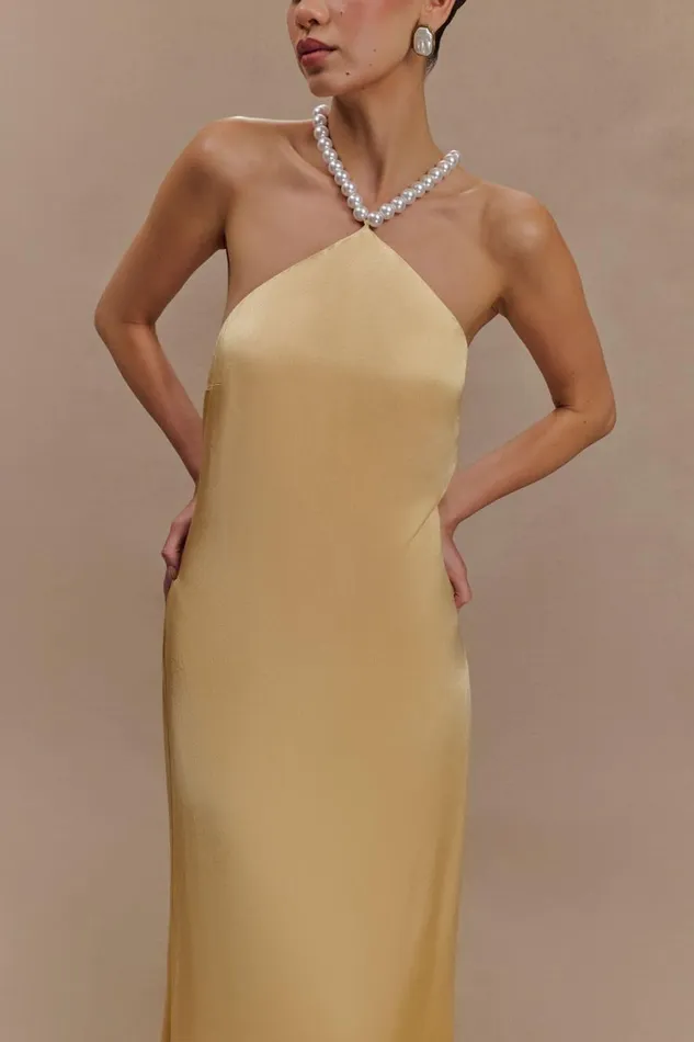 Women Meshki Dresses Blanche Satin Pearl Halter Maxi Dress 8211 Peach