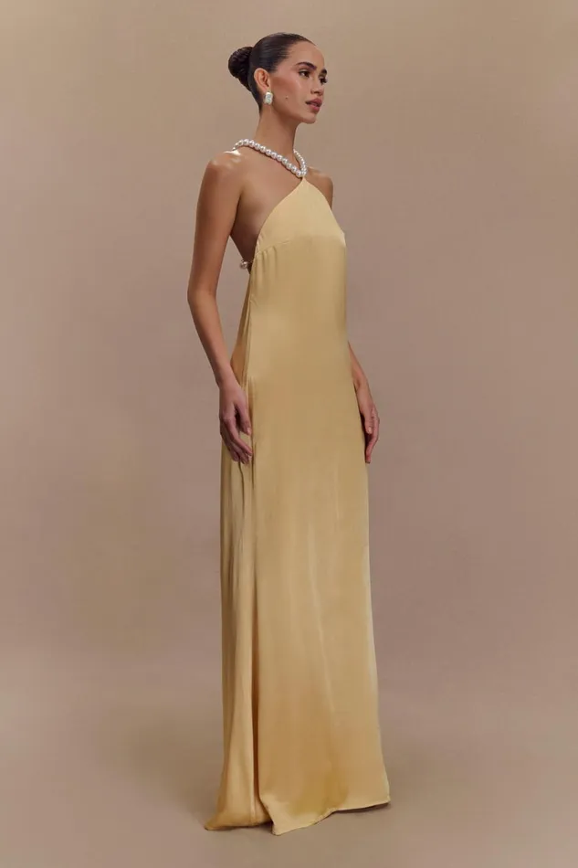 Women Meshki Dresses Blanche Satin Pearl Halter Maxi Dress 8211 Peach