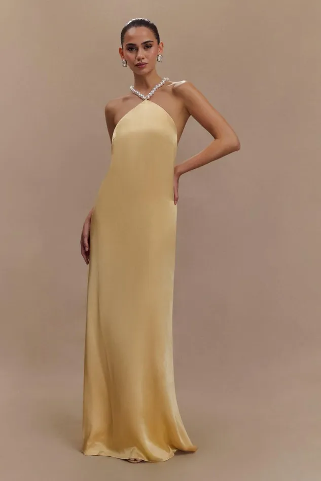 Women Meshki Dresses Blanche Satin Pearl Halter Maxi Dress 8211 Peach