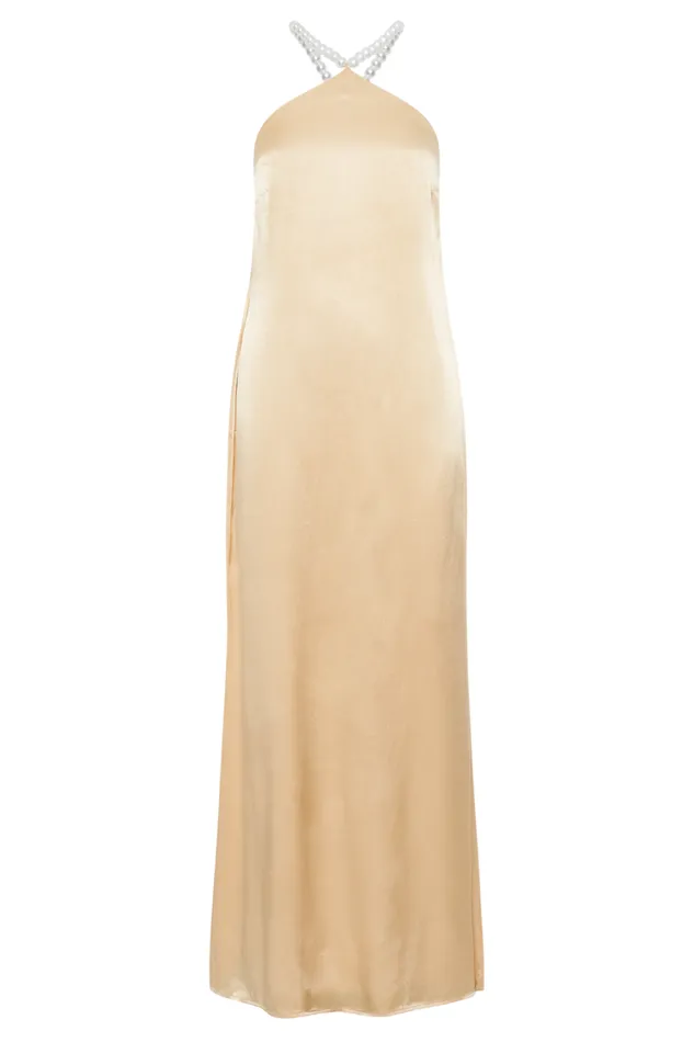 Women Meshki Dresses Blanche Satin Pearl Halter Maxi Dress 8211 Peach