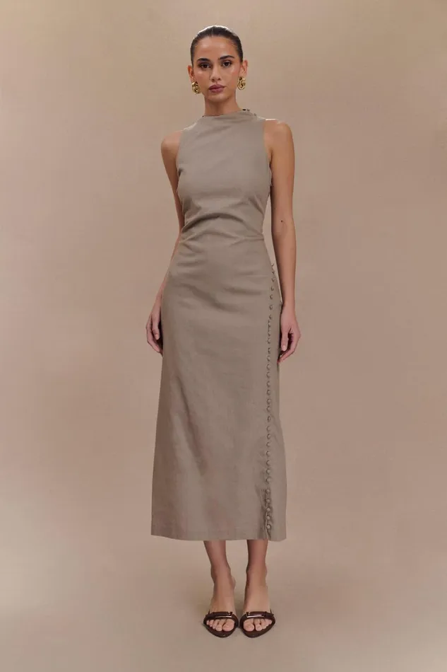 Women Meshki Dresses Bronte Linen Button Midi Dress 8211 Pebble