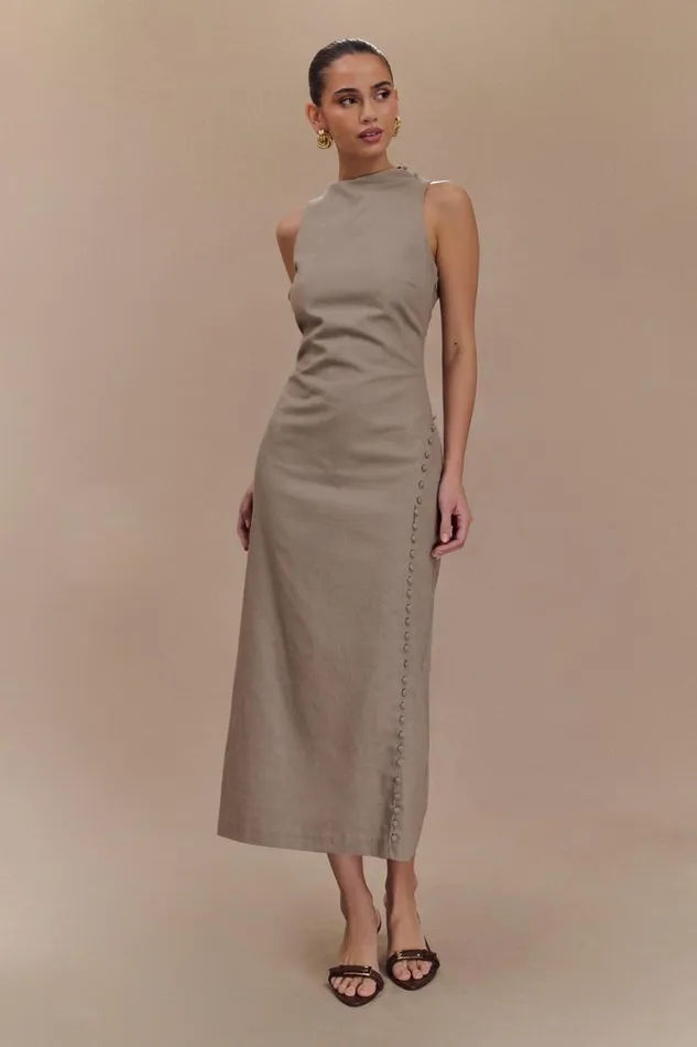 Women Meshki Dresses Bronte Linen Button Midi Dress 8211 Pebble