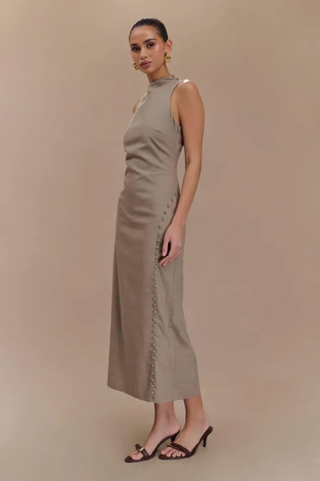 Women Meshki Dresses Bronte Linen Button Midi Dress 8211 Pebble