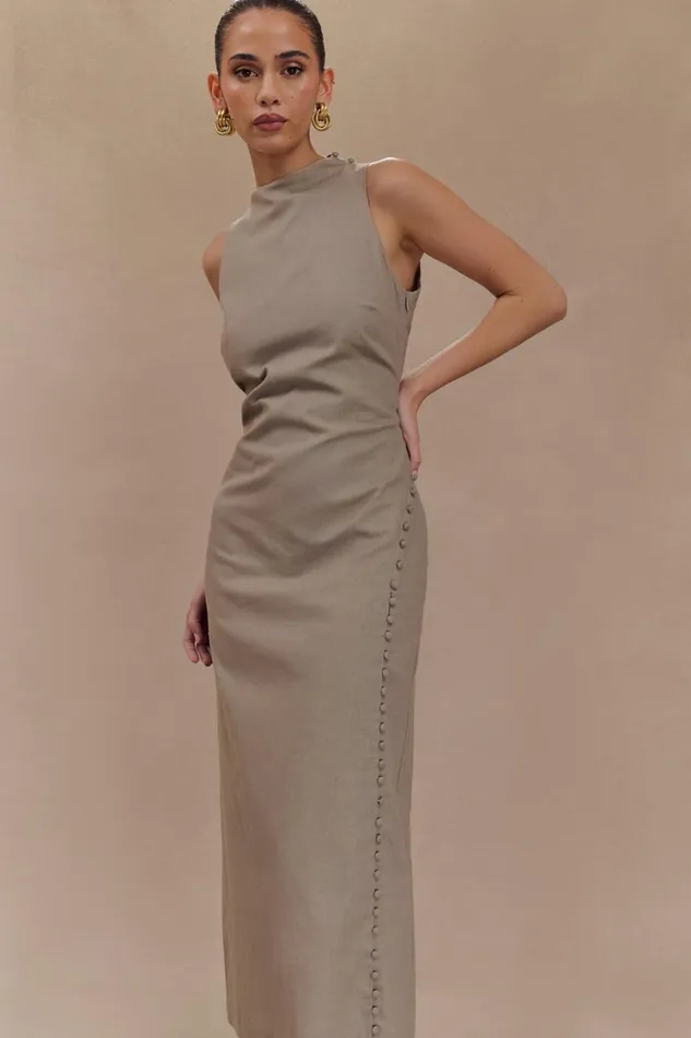 Women Meshki Dresses Bronte Linen Button Midi Dress 8211 Pebble