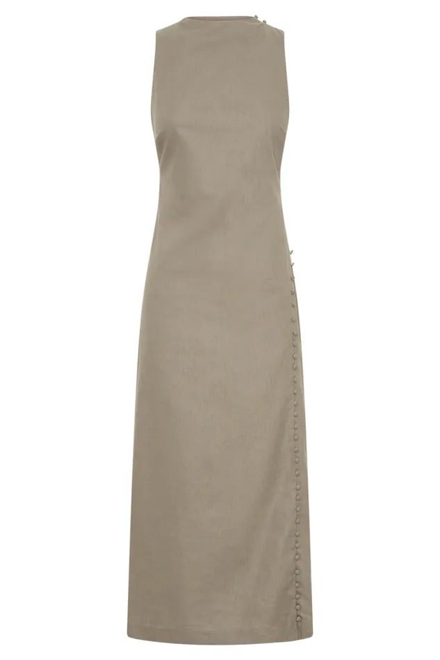 Women Meshki Dresses Bronte Linen Button Midi Dress 8211 Pebble