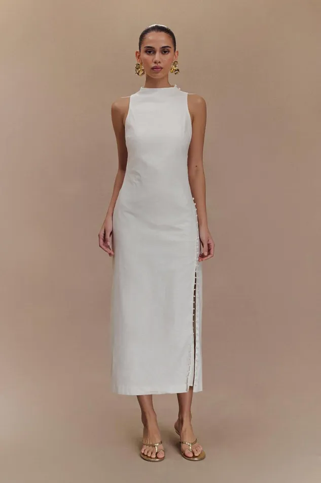 Women Meshki Dresses Bronte Linen Button Midi Dress 8211 White