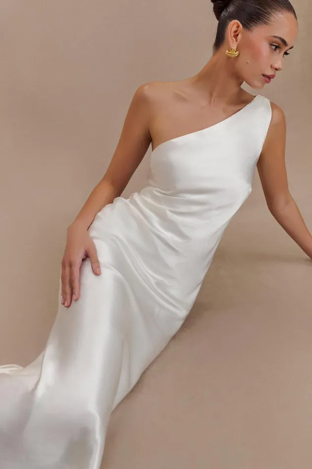 Women Meshki Dresses Camille One Shoulder Satin Maxi Dress 8211 White