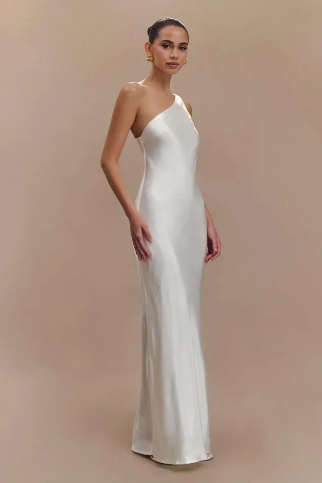 Women Meshki Dresses Camille One Shoulder Satin Maxi Dress 8211 White
