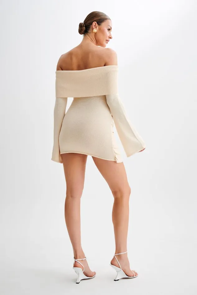 Women Meshki Dresses Camryn Off Shoulder Tie Knit Mini Dress 8211 Cream Marle