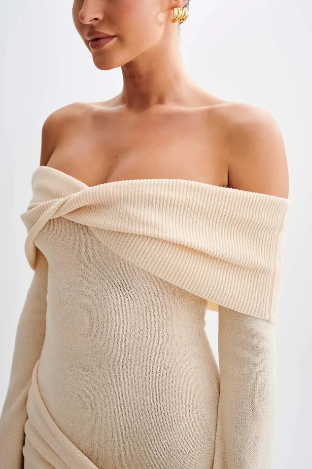 Women Meshki Dresses Camryn Off Shoulder Tie Knit Mini Dress 8211 Cream Marle