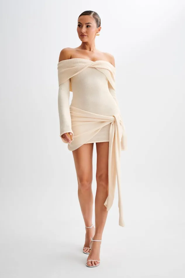 Women Meshki Dresses Camryn Off Shoulder Tie Knit Mini Dress 8211 Cream Marle