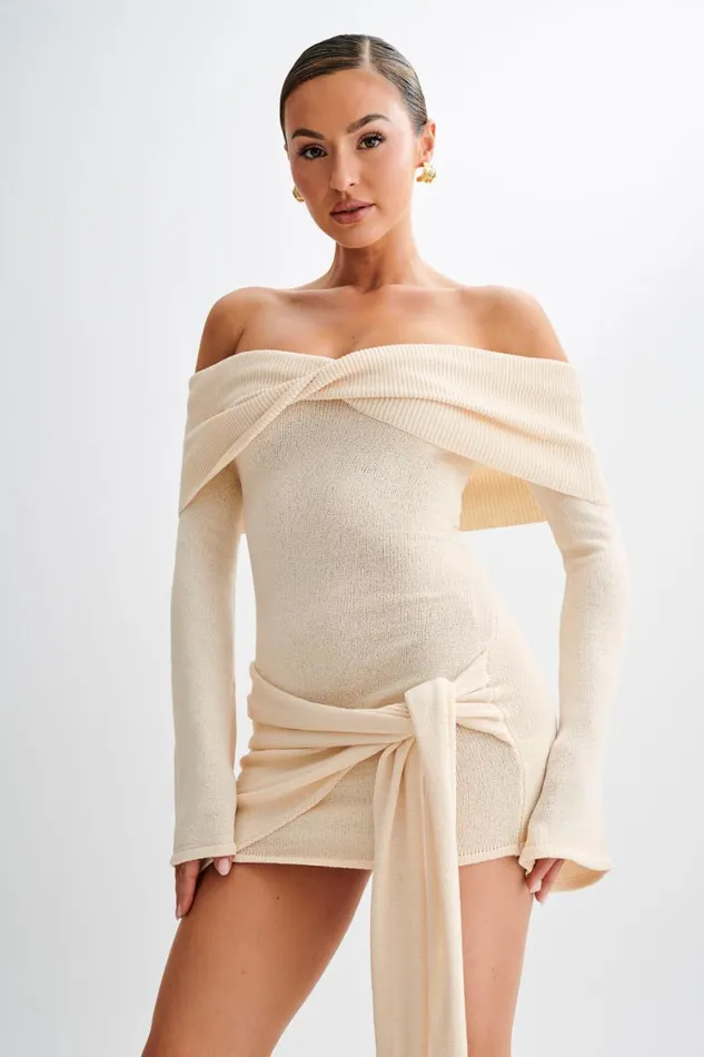 Women Meshki Dresses Camryn Off Shoulder Tie Knit Mini Dress 8211 Cream Marle