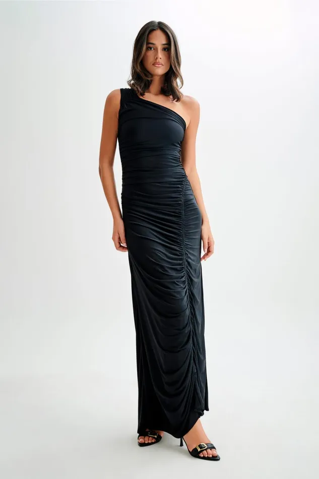 Women Meshki Dresses Capri Gathered Slinky Maxi Dress 8211 Black