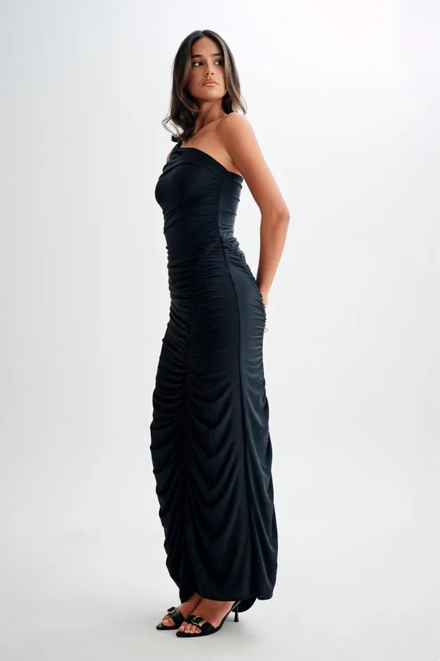 Women Meshki Dresses Capri Gathered Slinky Maxi Dress 8211 Black