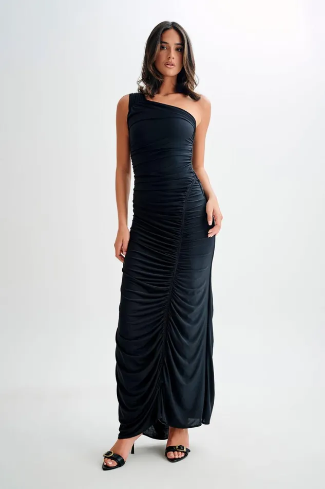 Women Meshki Dresses Capri Gathered Slinky Maxi Dress 8211 Black